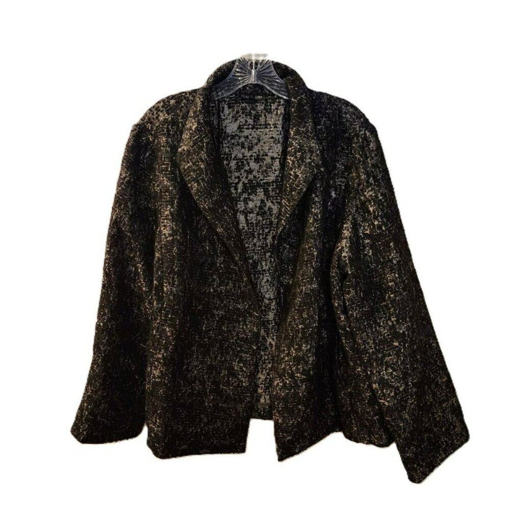 EILEEN FISHER Textured Brocade Jacket XL Black Gold Metallic Open Front‎
